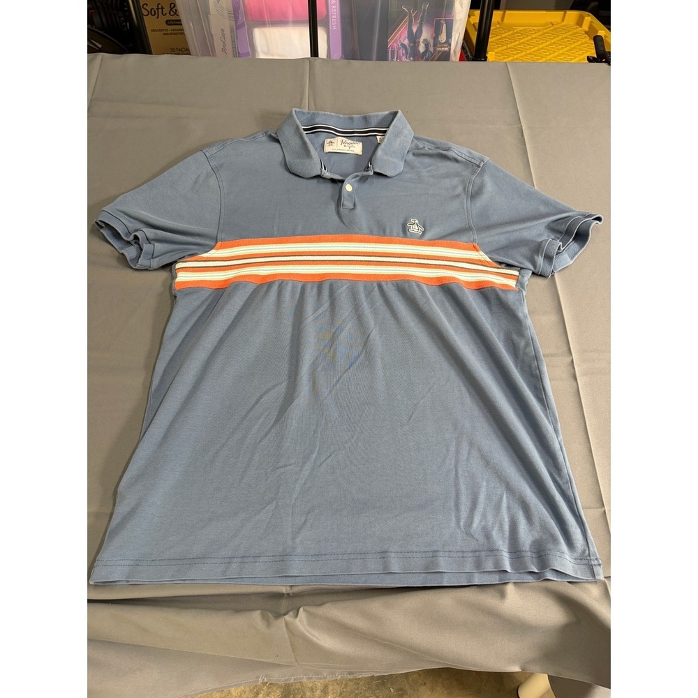 Original Penguin Mens XL Blue‎ Stripe Polo Shirt Organic Cotton Short Sleeve